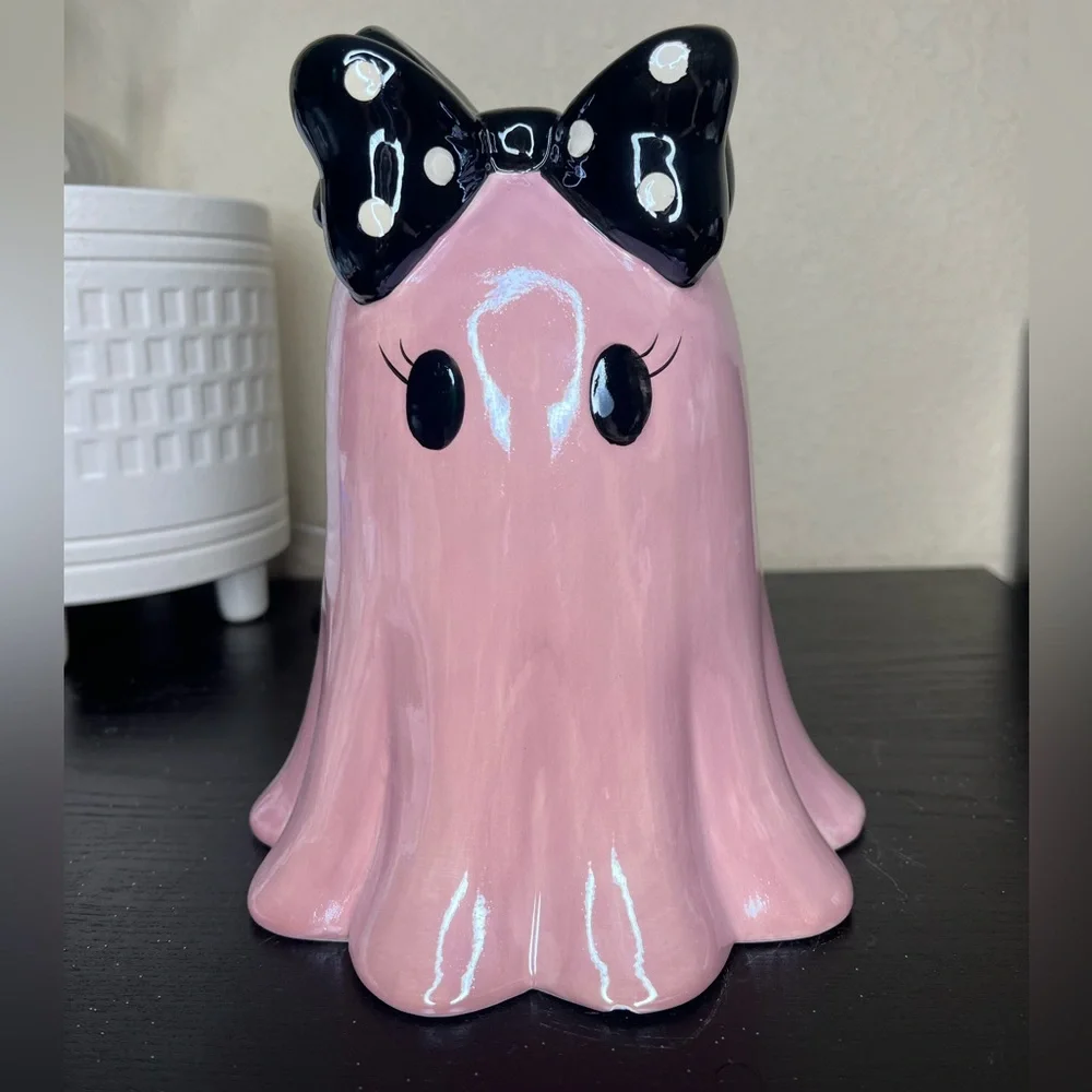 NEW Ceramic Iridescent Pink Ghost Girl with Black Polka Dot Bow